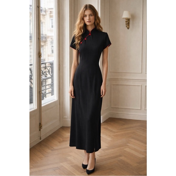 S.L. Fashions Dresses & Skirts - S.L. Fashions NWT Black Maxi Dress with Red Strips & Buttons Zip Back size 10